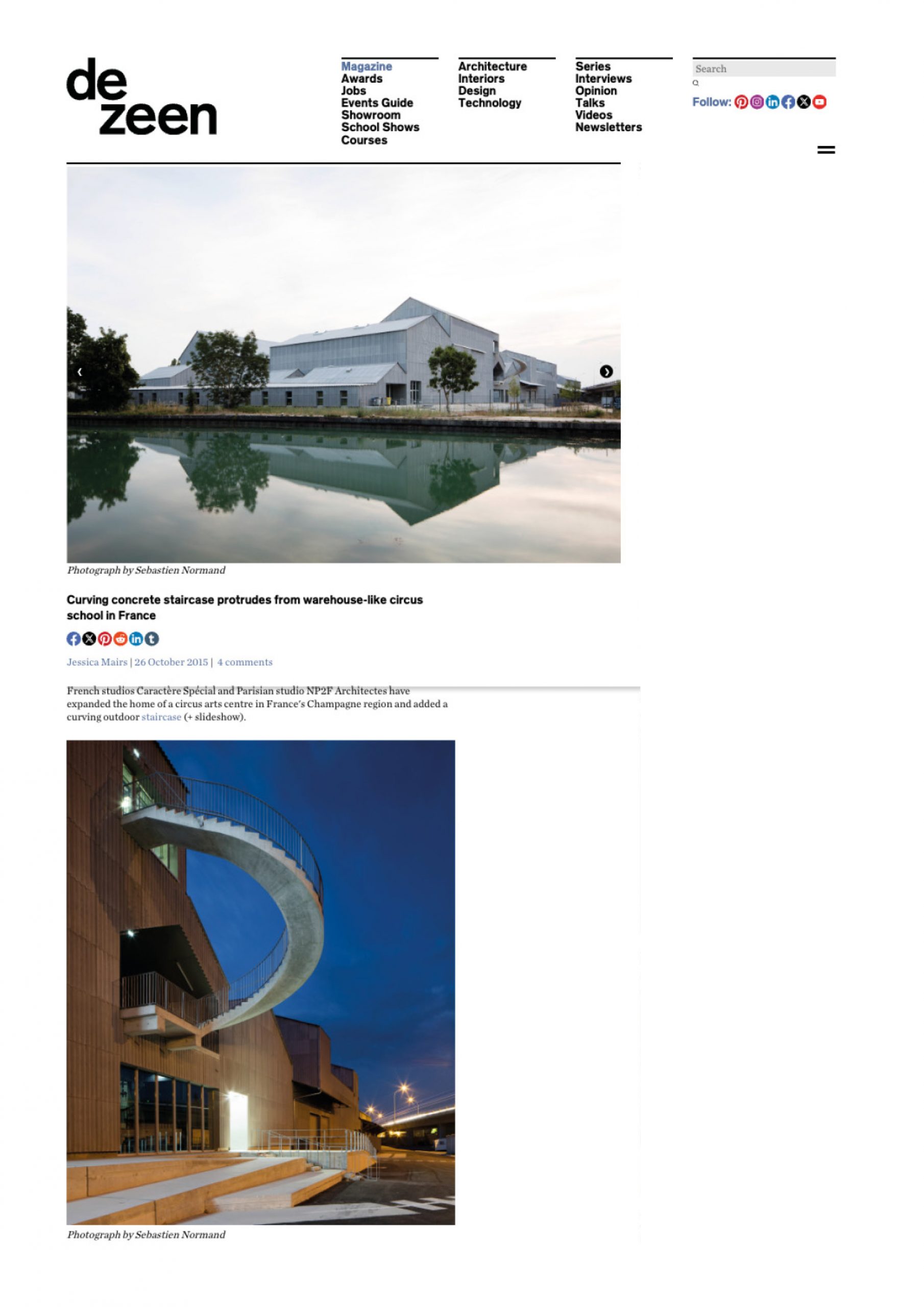 DEZEEN_26.10.15_Curving concrete  staircase protrudes from warehouse-like circus school in France