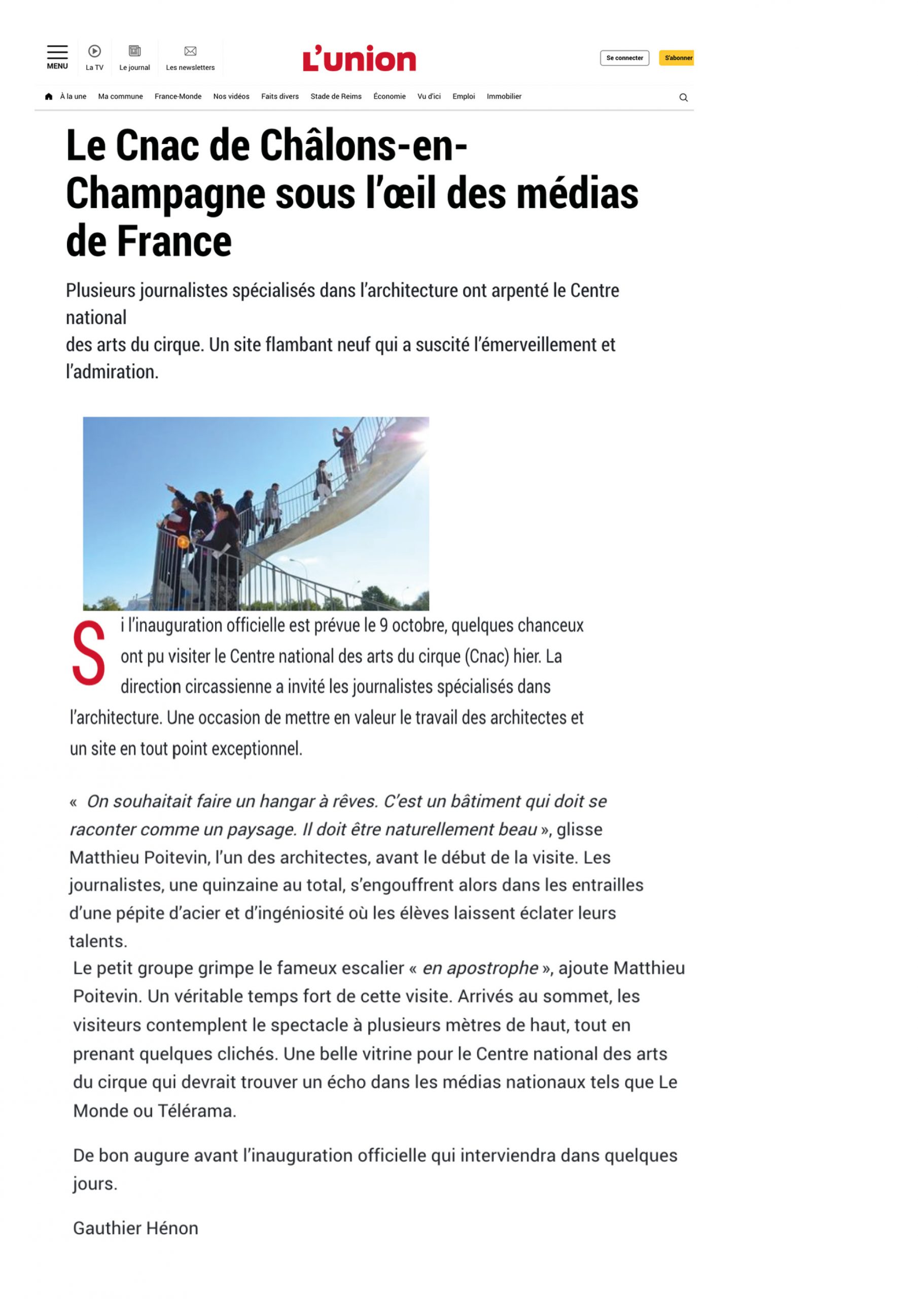 L’UNION_29.09.15_Le Cnac de Châlons-en-Champagne sous l’œil des médias de France