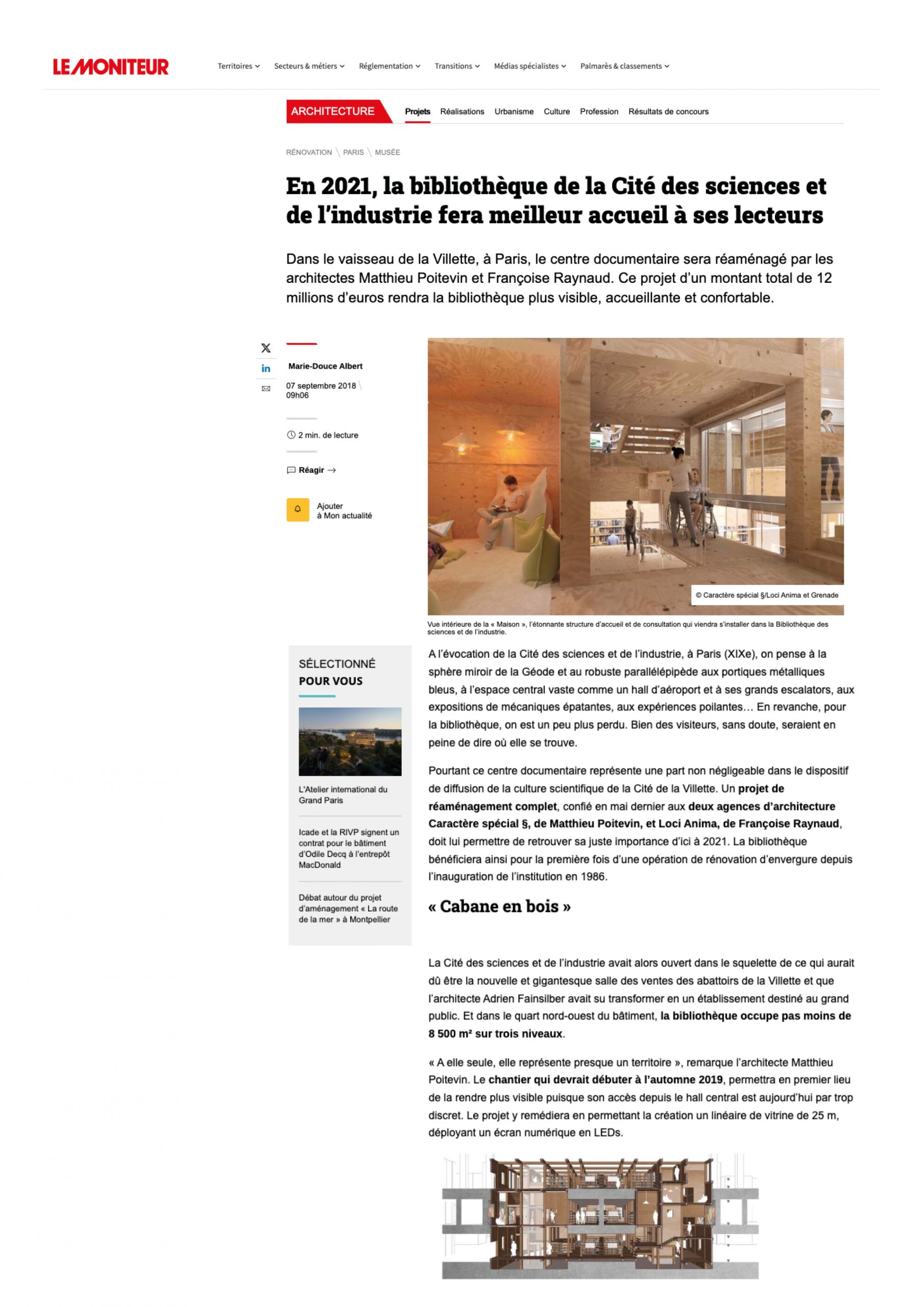 LE MONITEUR_07.09.18_En 2021, la bibliothèque de la Cité des sciences et de l’industrie fera meilleur accueil à ses lecteurs