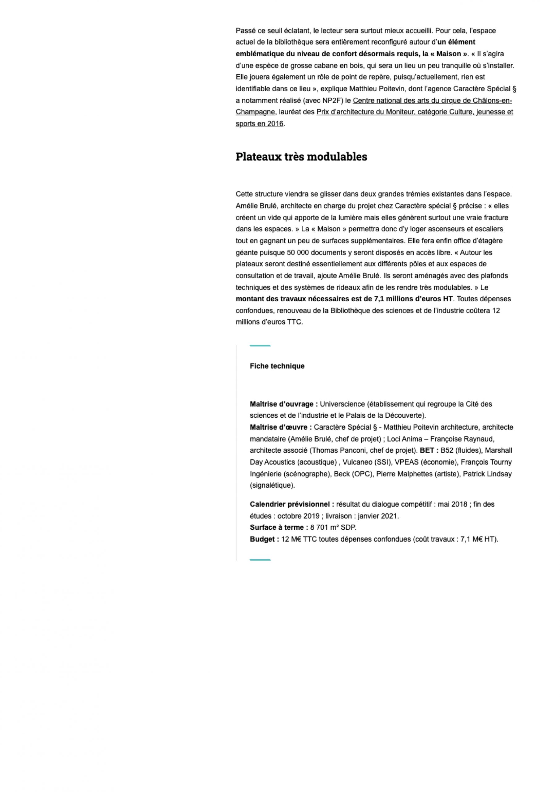 LE MONITEUR_07.09.18_En 2021, la bibliothèque de la Cité des sciences et de l’industrie fera meilleur accueil à ses lecteurs