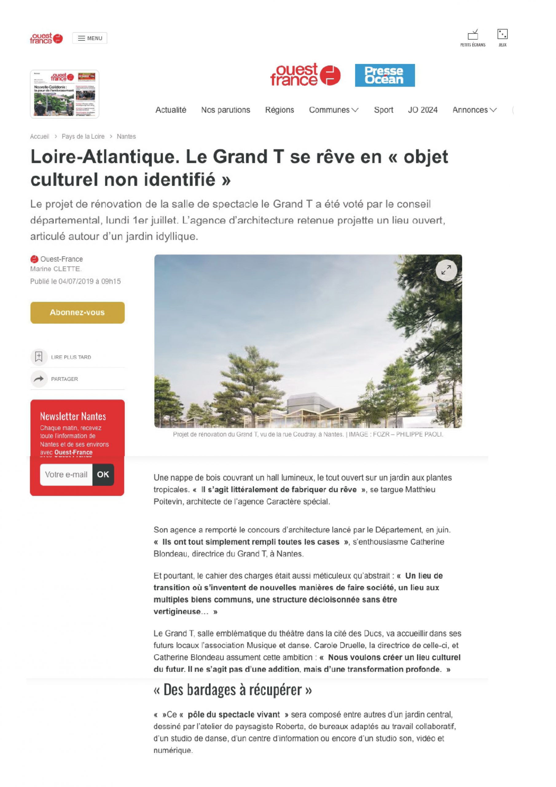 OUEST FRANCE_04.07.19_Loire-Atlantique. Le Grand T se rêve en « objet culturel non identifié »