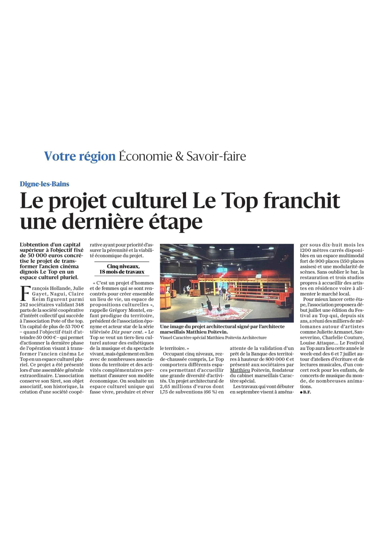 LE DAUPHINÉ LIBÉRÉ_29.05.24_Le projet culturel Le Top franchit une dernière étape