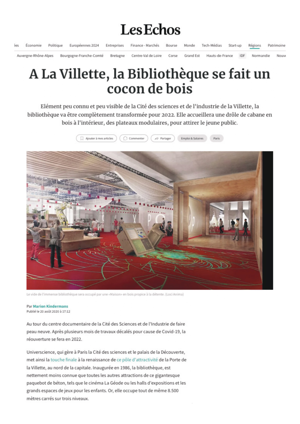 LES ECHOS_20.08.20_A La Villette, la Bibliothèque se fait un cocon de bois
