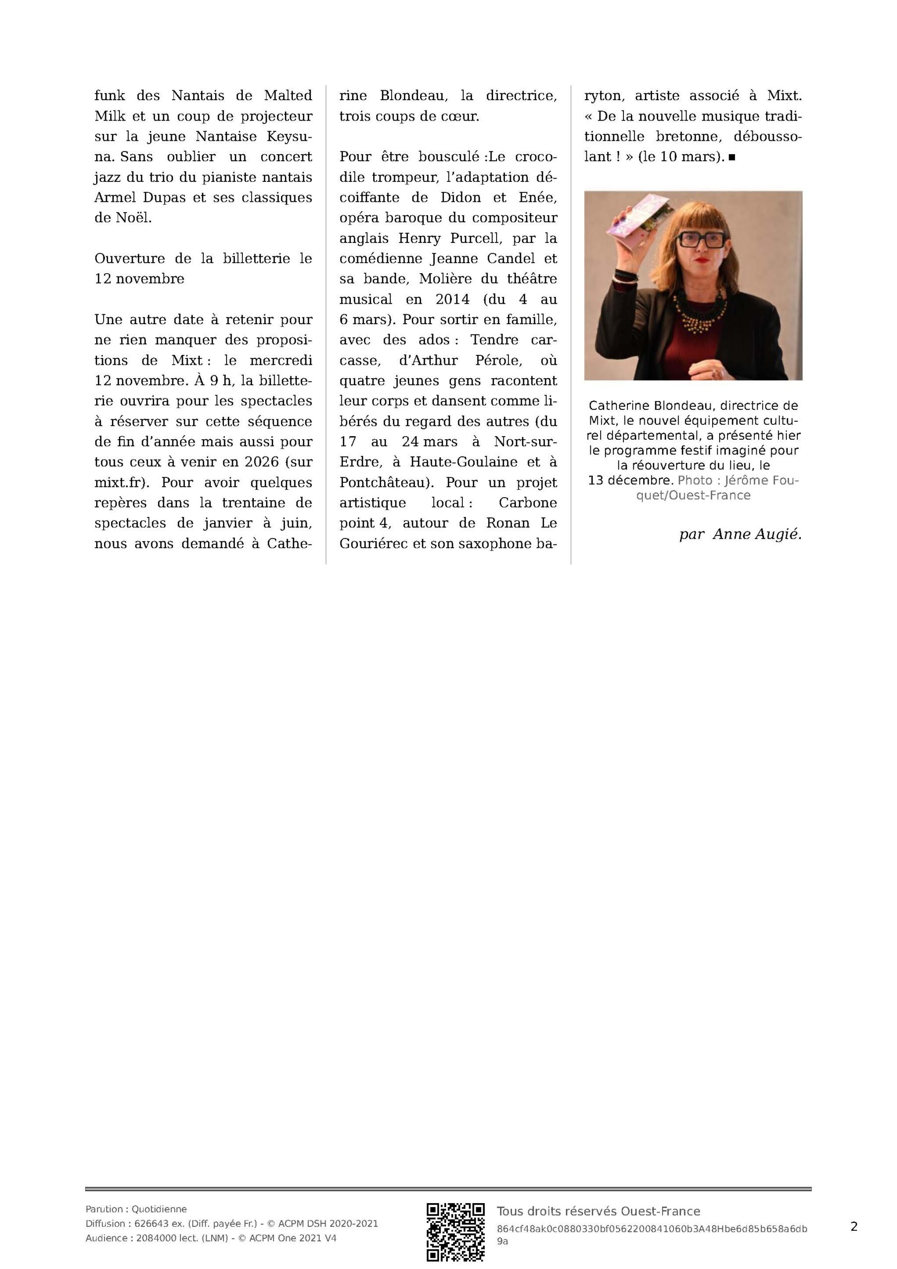 OUEST FRANCE_04.10.25_On va fêter Noël à MIXT, le théâtre départemental