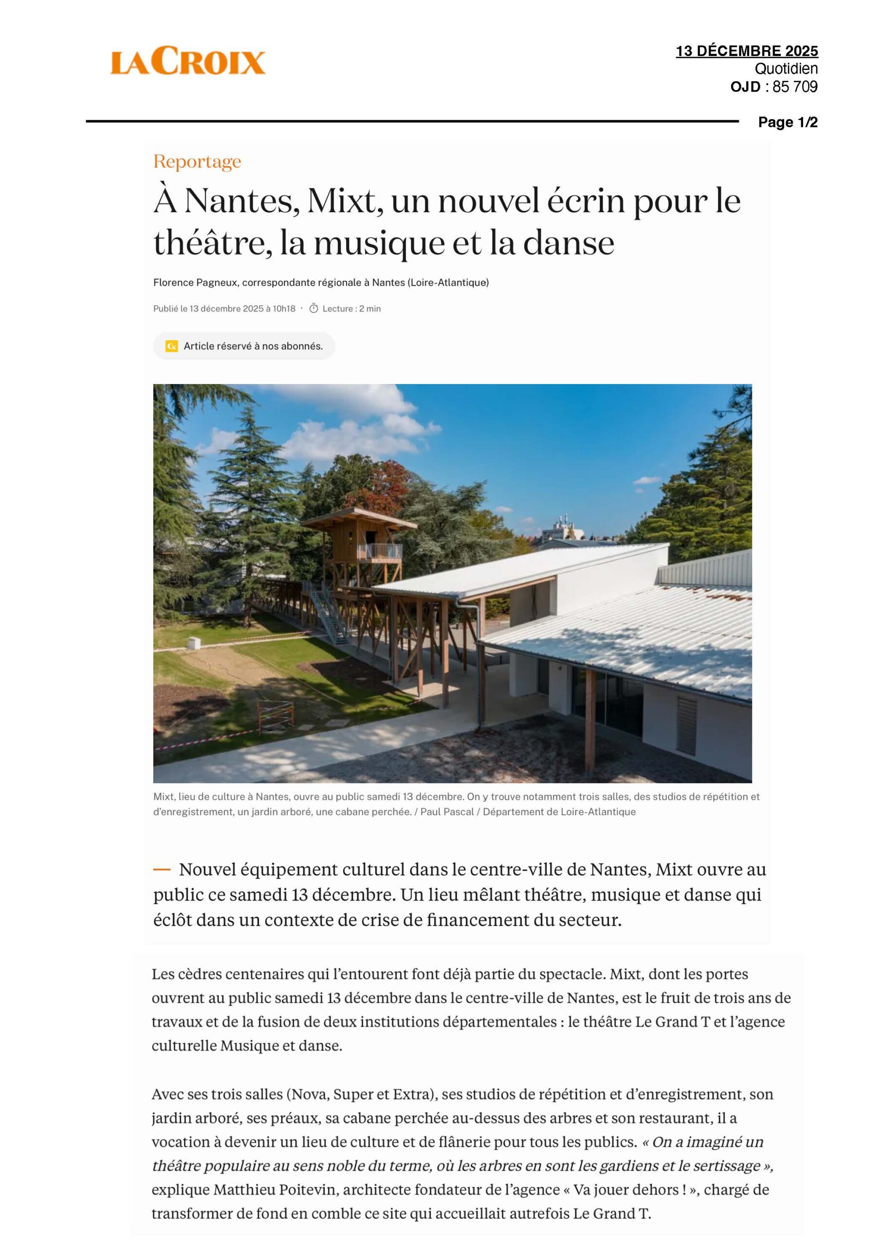 LA CROIX_13.12.25_A Nantes, Mixt, un nouvel écrin pour le théâtre, la musique et la danse