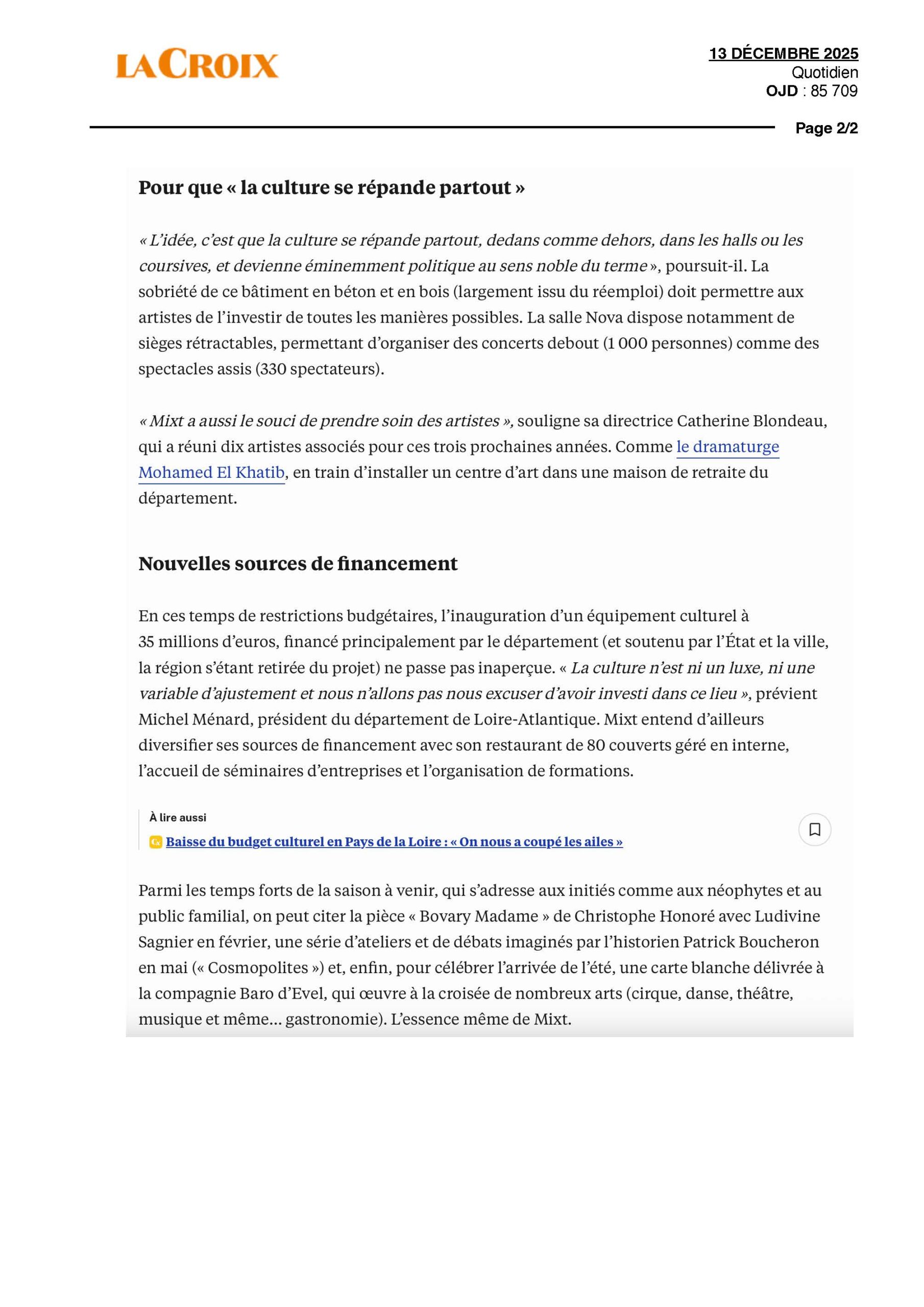 LA CROIX_13.12.25_A Nantes, Mixt, un nouvel écrin pour le théâtre, la musique et la danse